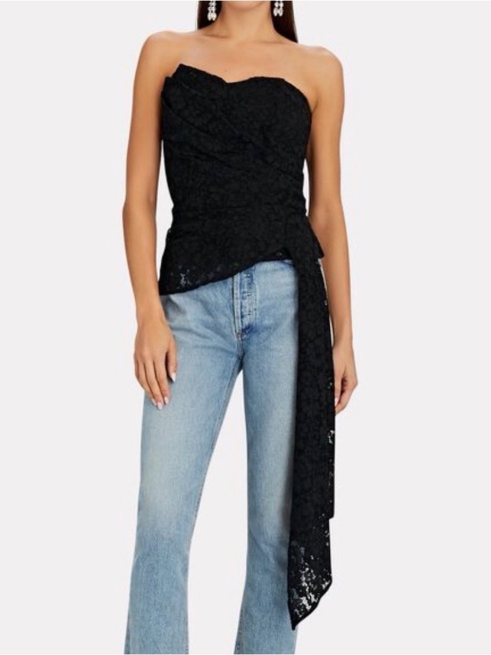 NWT $350 Veronica Beard Selima Top Black Strapless Lace with Side Drape Size 10